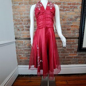 Philip Decaprio Cocktail Party Dress Red Embroidery Halter Chiffon Size 10